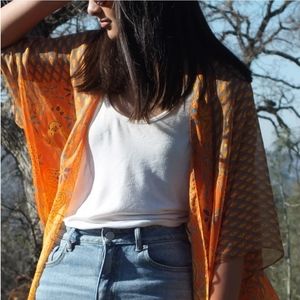 NWOT Moddy Vintage Sheer Orange/Gold Peacock Kimono Top